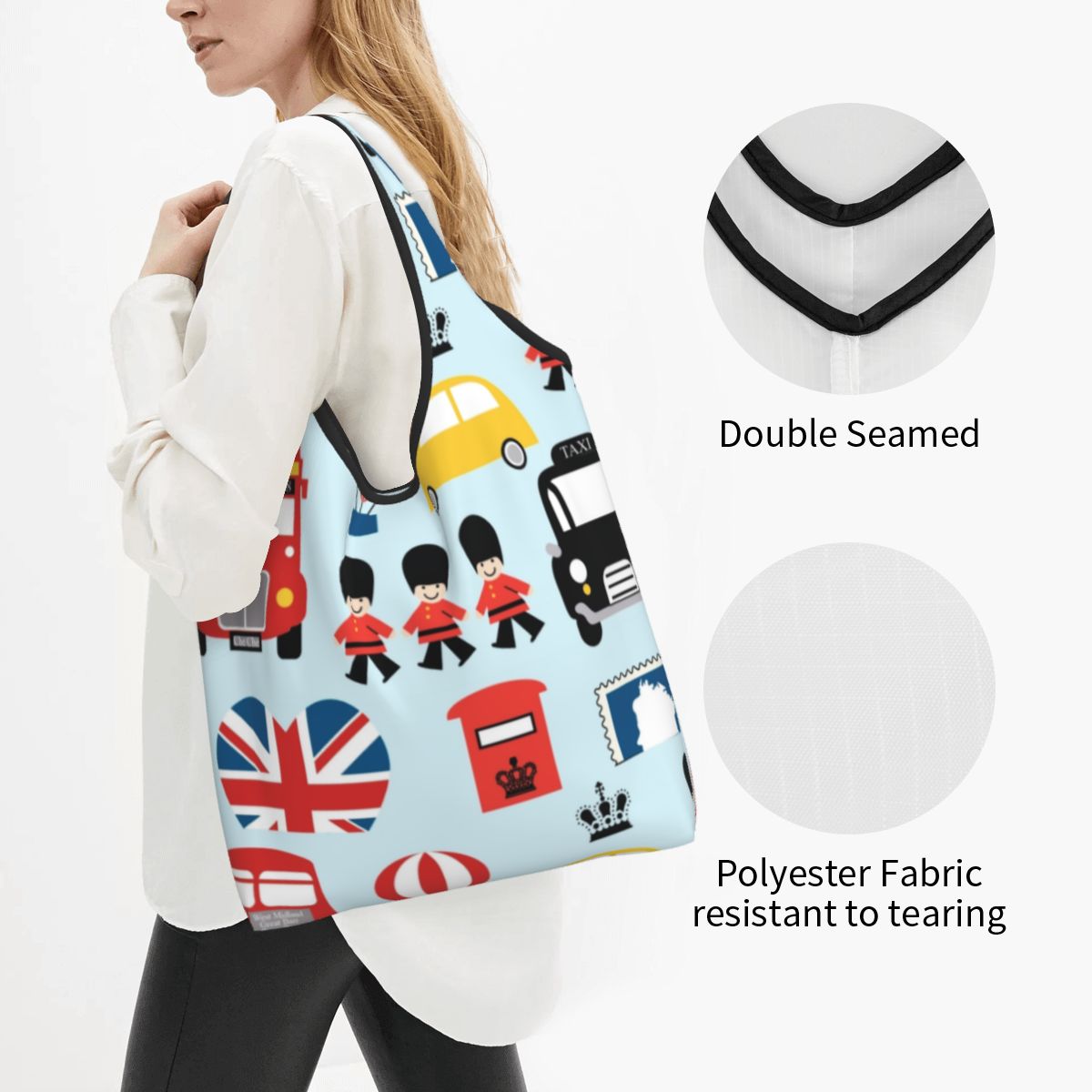 Aangepaste Britse vlag Londen rode bus auto boodschappentas mode shopper Tote schoudertassen draagbare handtas met grote capaciteit