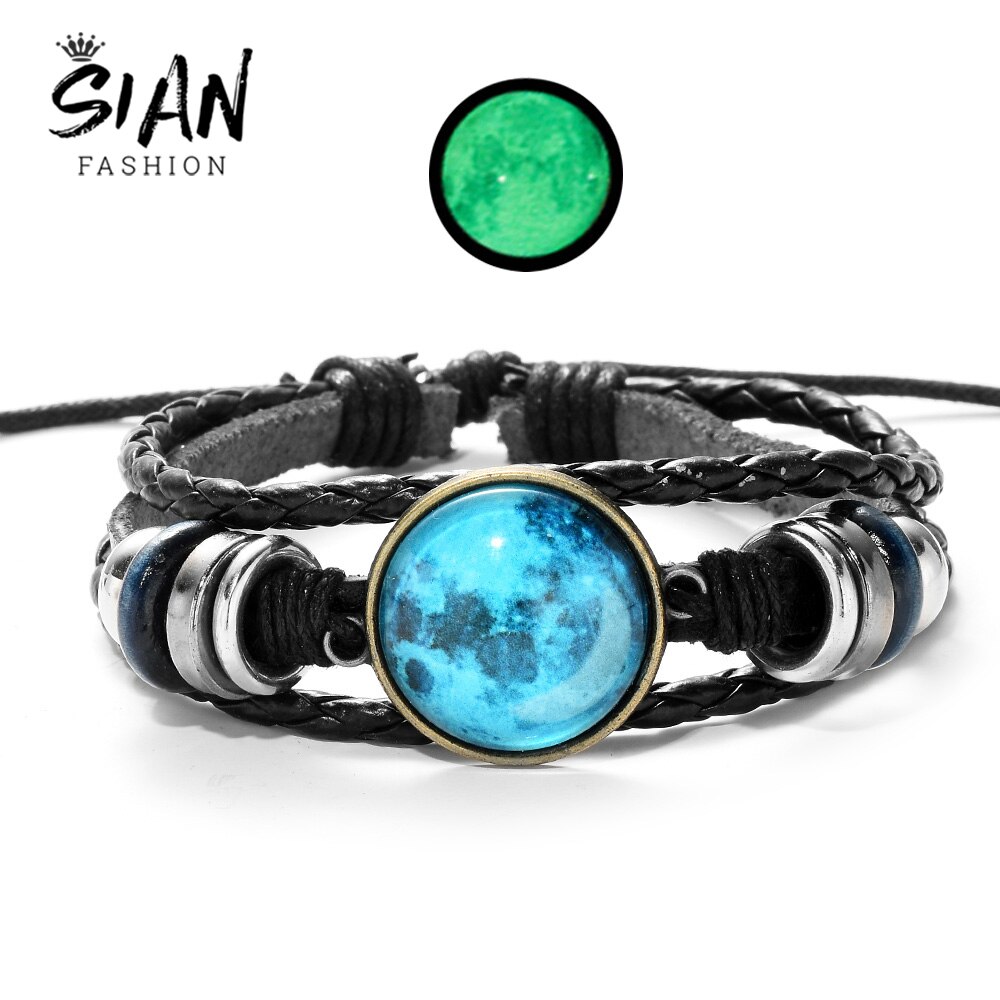 SIAN Glow In The Dark Charms Bracelet Full Moon Lunar Eclipse Glass Photo Punk Leather Bracelets for Women Men Luminous Jewelry