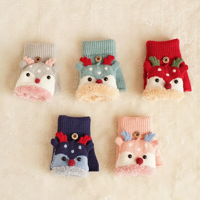Kinderen Winter Handschoenen Kerst Leuke Cartoon Elanden Flip Halve Vinger Wanten Voor Meisje Jongen Kids Warme Pluche Gevoerd Vingerloze handschoenen