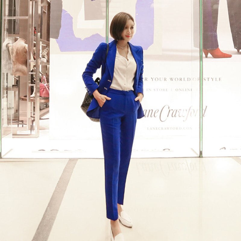 Blue Women Pant Suits Single Breasted Jacket Blazer & Pencil Pants Wear to Business Female 2 Pieces Set Autumn: S