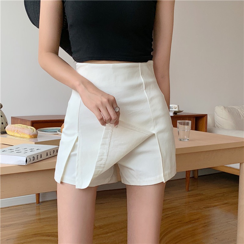 Jupe courte fendue sexy pour femmes, tenue de bureau, imbibée, mini pantalon trapèze noir, taille haute, jambes larges, été