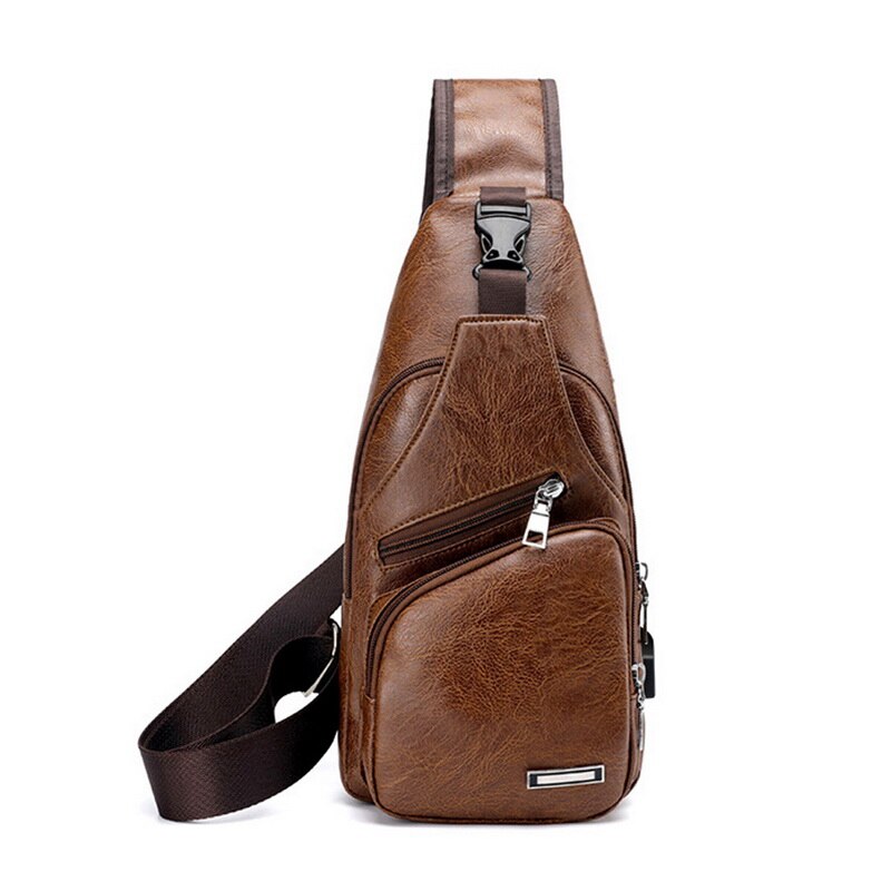 Masculino couro crossbody saco de ombro único usb estilingue esportes casual saco de peito saco de telefone fone de ouvido buraco design