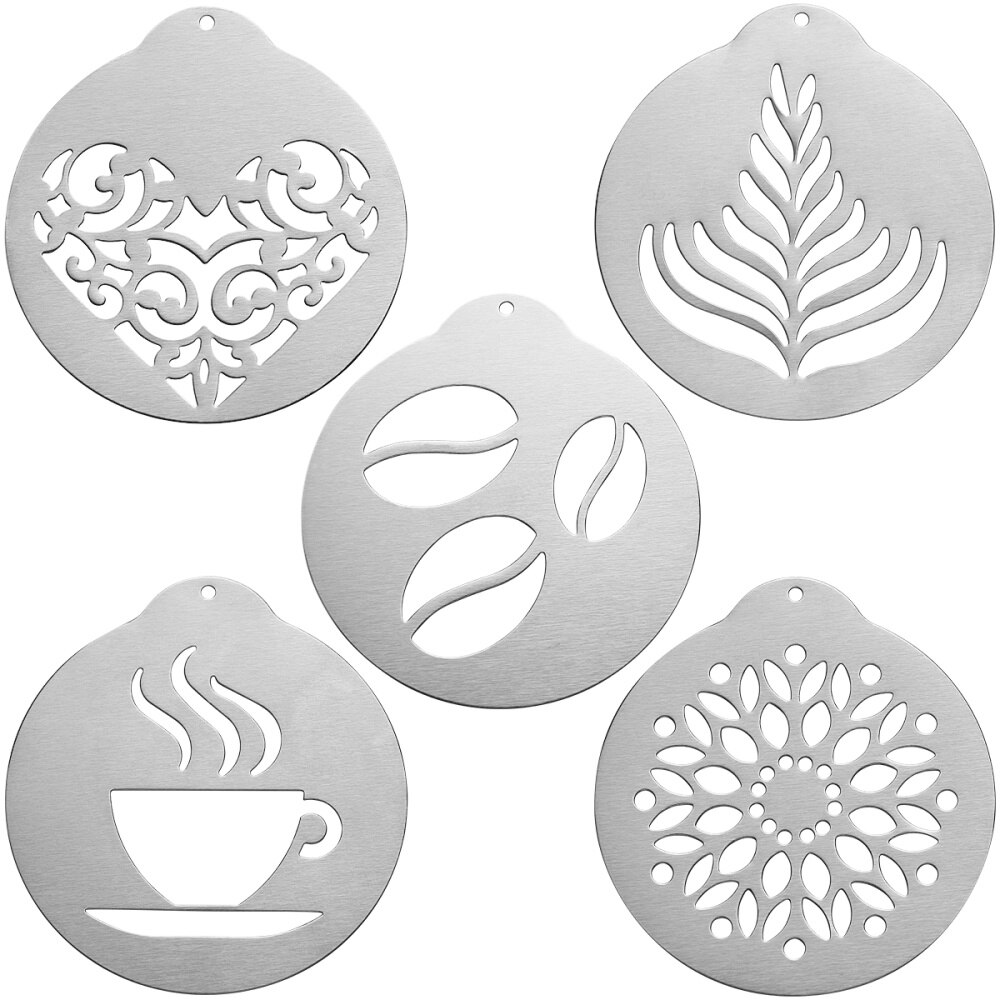 Bestonzon 5 stuks roestvrijstalen koffiesjablonen, barista-cappuccino-sjablonen, koffiekransvorm, taartdecoratiegereedschap