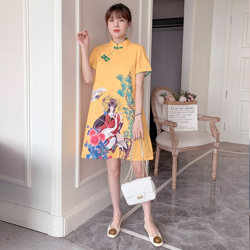 Qipao-vestido chino de talla grande para mujer, M-4XL amarillo suelto de , Cheongsam moderno de manga corta, ropa tradicional de Año