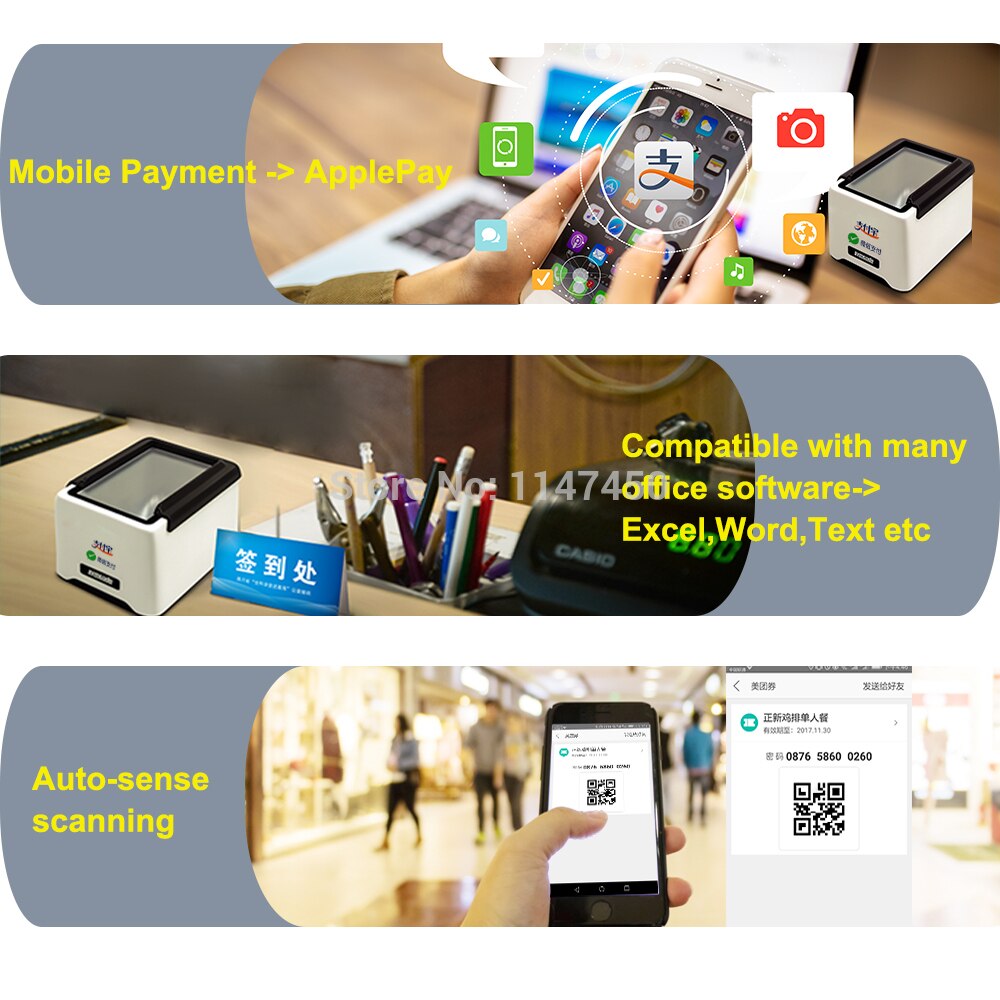 Desktop 1D 2D Barcode Scanner, USB Wired / Bluetooth+2.4G Wireless QRCODE BarCode Reader,Work on Screen Codes for Mobile Payment