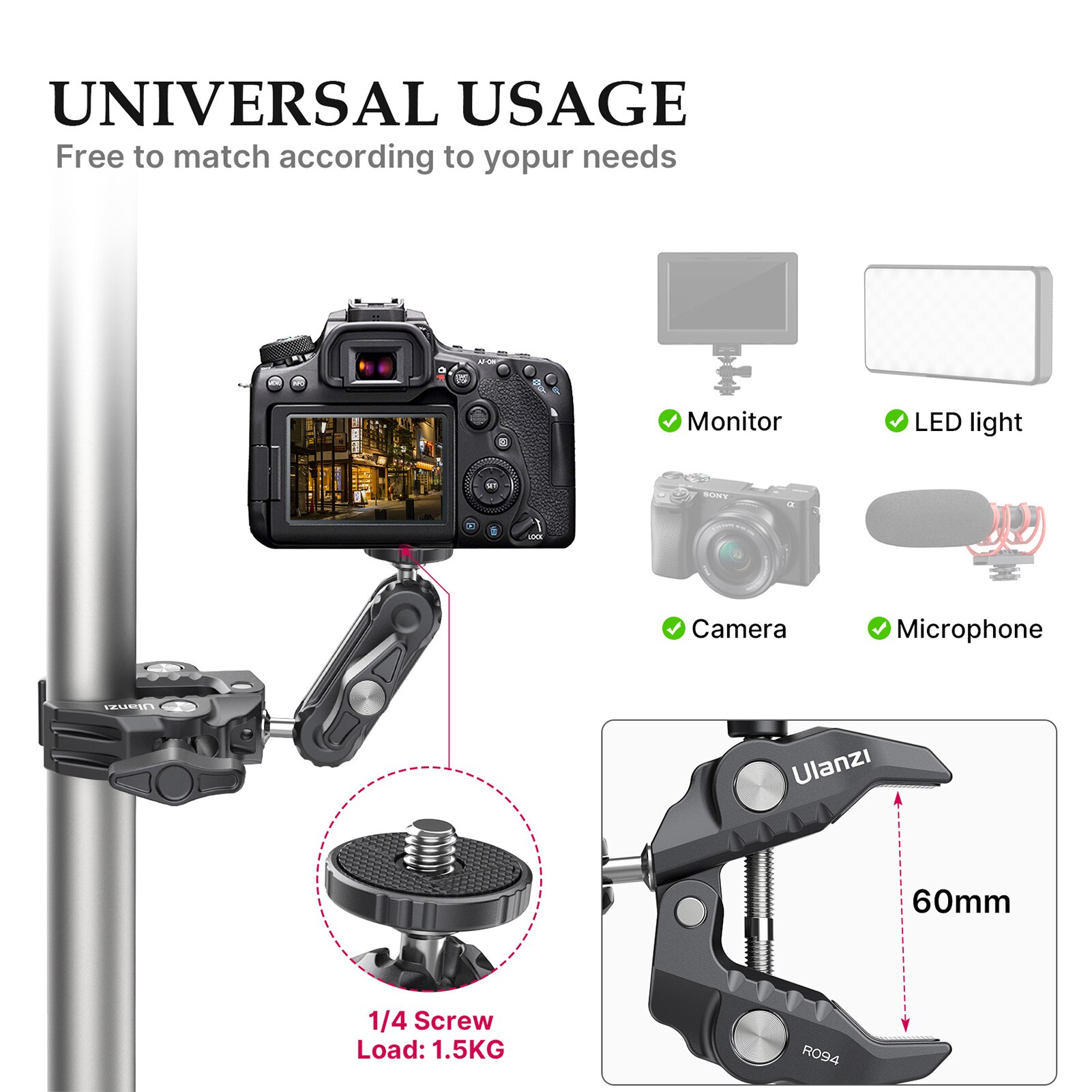 Ulanzi – Super pince métallique R094/ R096, avec bras magique à Double tête sphérique, vis 1/4 ", filetage 3/8", pour montage de caméra et moniteur de lumière