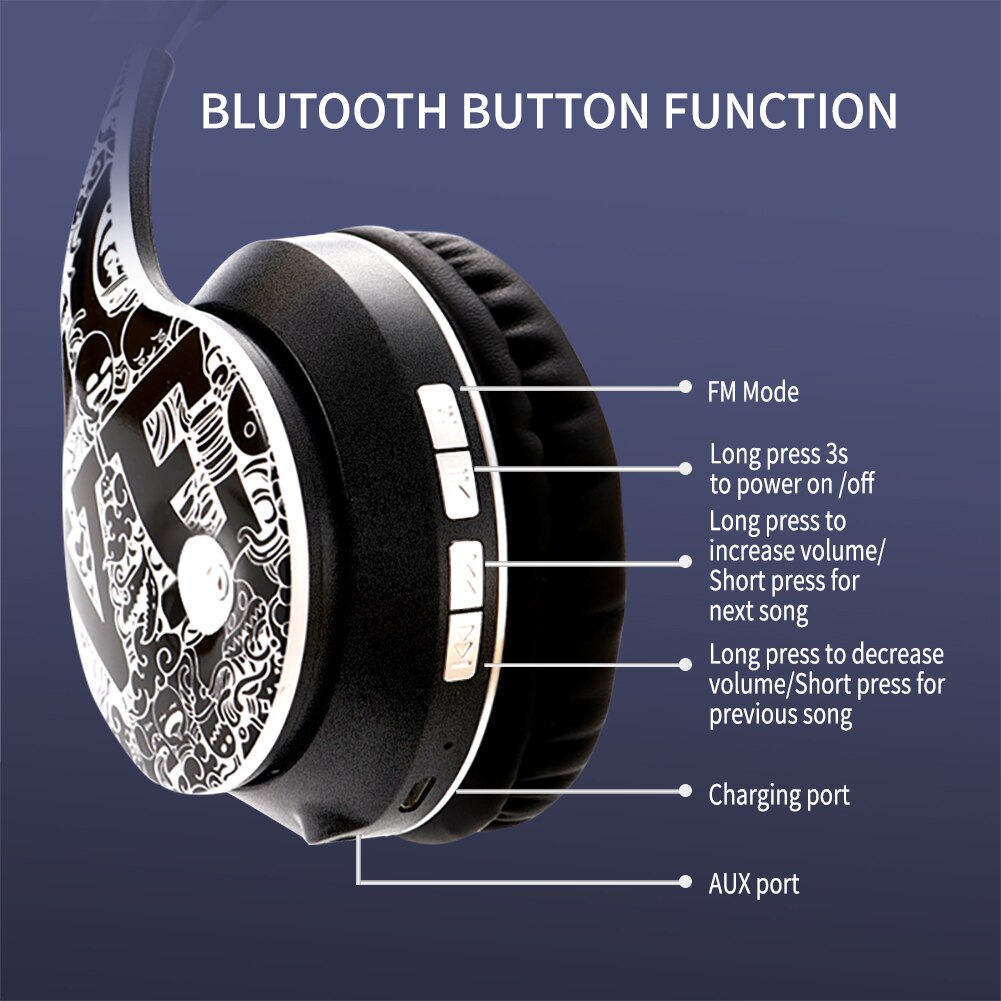 NDJU Wireless Graffiti Headphones - Bluetooth 5.0 - 40mm Drivers - HiFi Stereo Sound with Mic - TF Card FM Radio