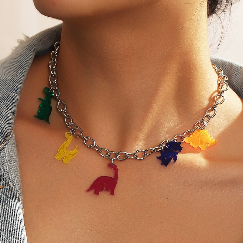 Animals Dinosaur Acrylic Charms Pendant Necklace Jewelry for Women Girls Party Birthday Clavicle Chain Necklace Jewelry