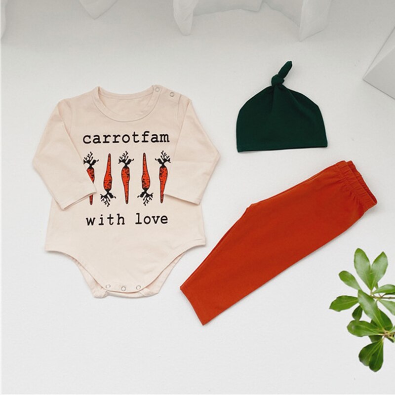 3pcs/set Cute -born Girls Pijama Autumn Carrot Pattern Long Sleeve Romper+Pant+Hat Baby Boys Homewear Sleeping Suit Toddler