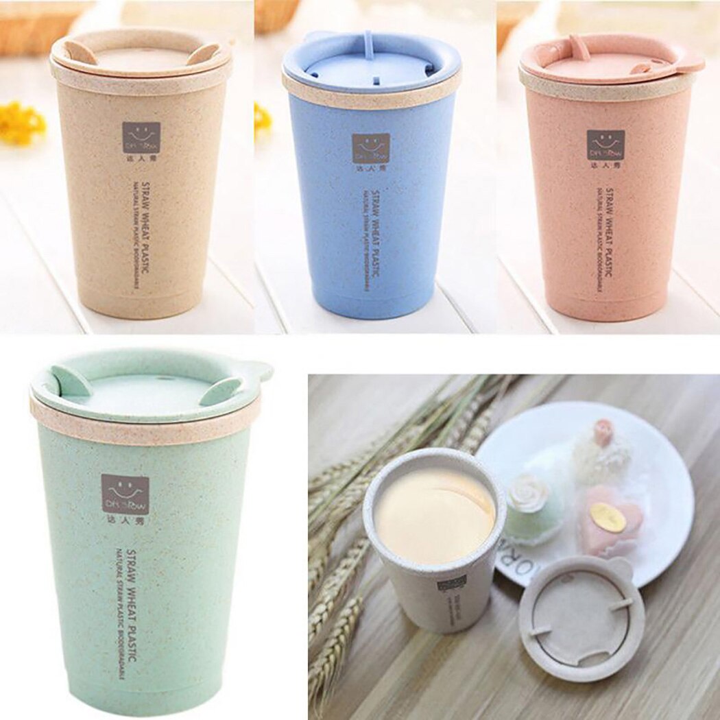 Copo de água de café de palha de trigo portátil com palhas multi-funcional dupla tampa cola café copo de plástico beber caneca de viagem