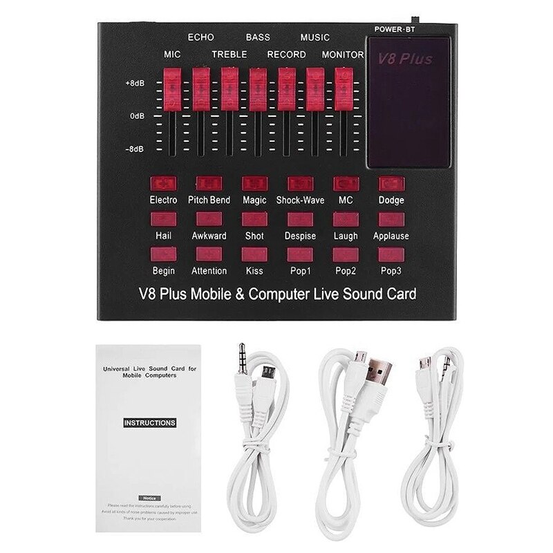 V8 Plus Oplaadbare Mobiele & Computer Live Geluidskaart Usb Audio Interface Met Geluidseffecten Bt Verbinding Voor Zingen
