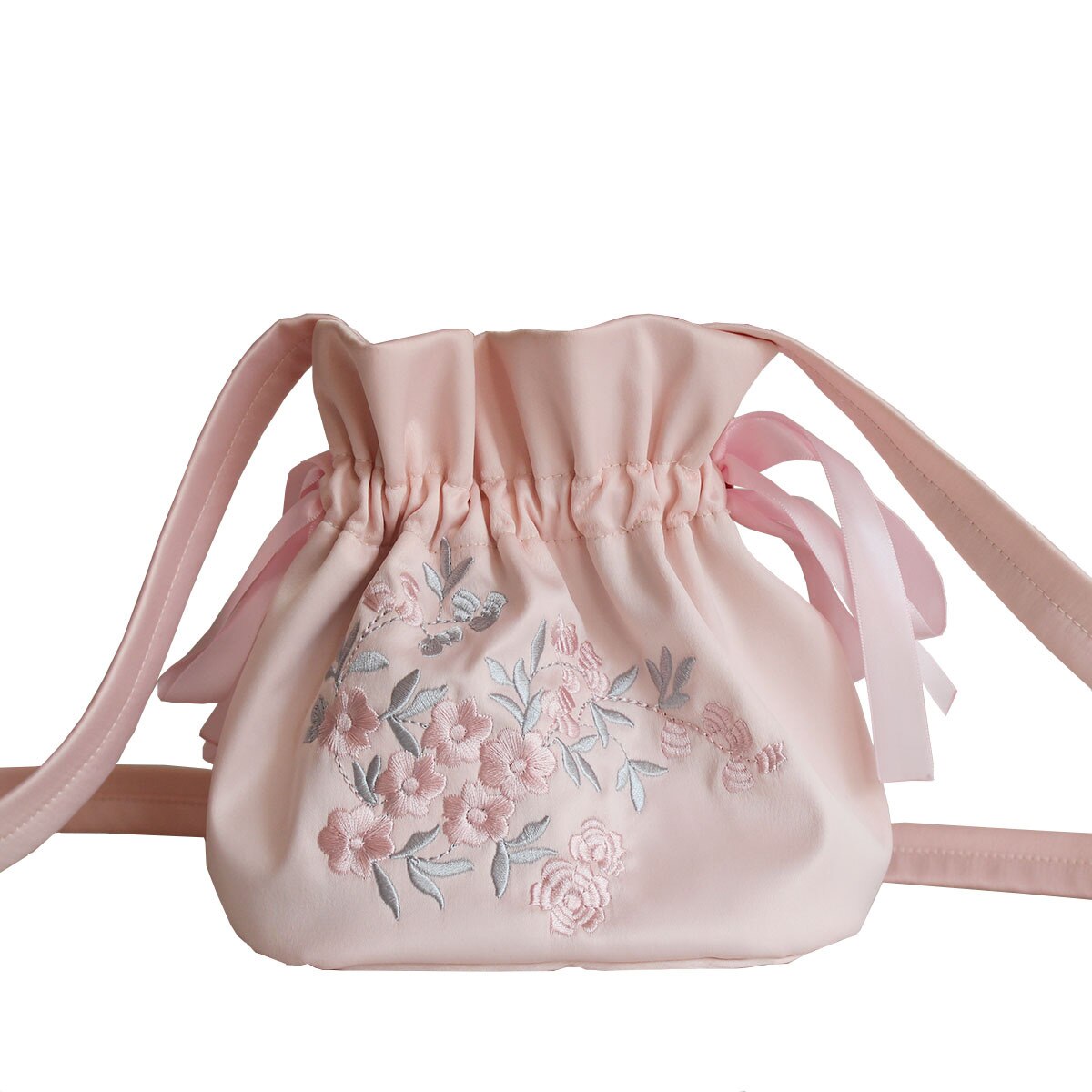 Satin Embroidered Hanfu Bag Versatile with Drawstring Strap Mouth Bag Ancient Style Women's Bag Artistic Canvas Shoulder Bag: Pink