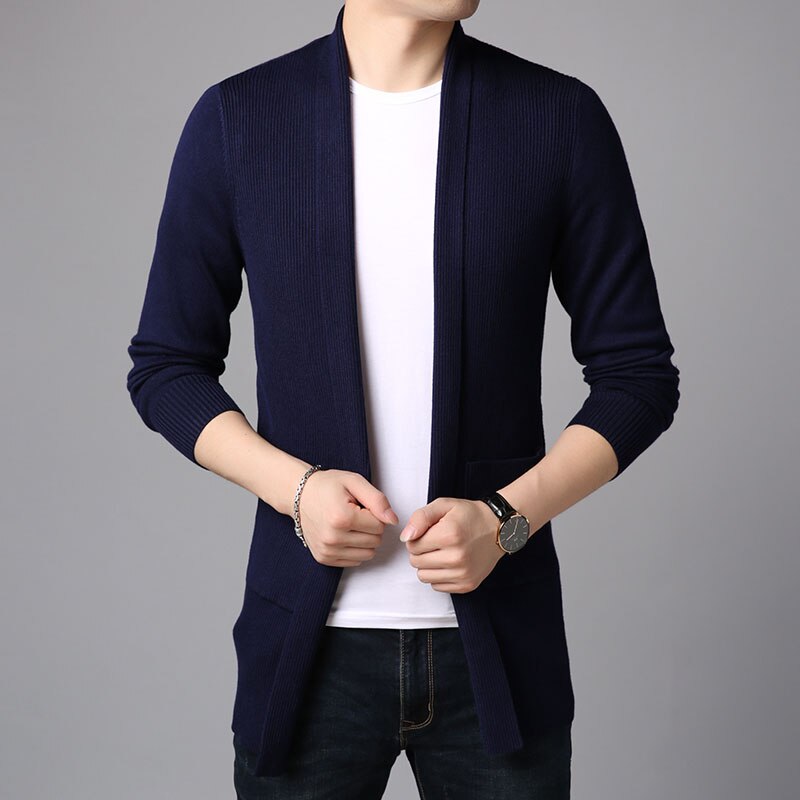Cardigan Long en tricot pour homme, chandail de à la , coupe ajustée, pardessus tricoté, Style coréen, vêtements décontractés, automne 2022: Marine Bleu / M
