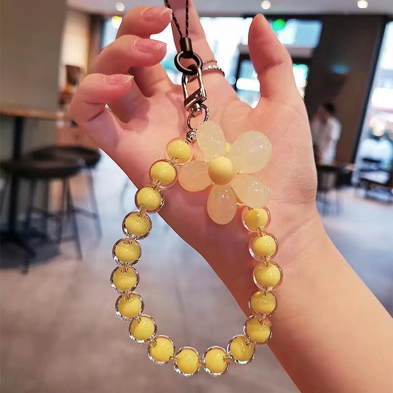 Korean Colorful Flower Beaded Mobile Phone Charm Strap Chain Lanyard Women Girl Jewelry Phone Holder Beads Pendant: Silver / Gray