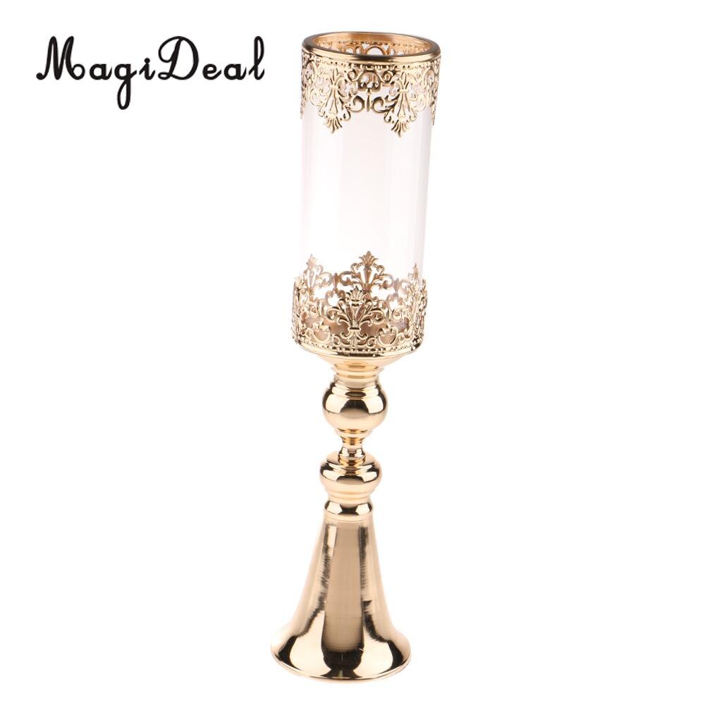 Antik guld metall piedestal ljusstake med glas blomma vas kristall draperad pelare stativ accent display prydnad: M