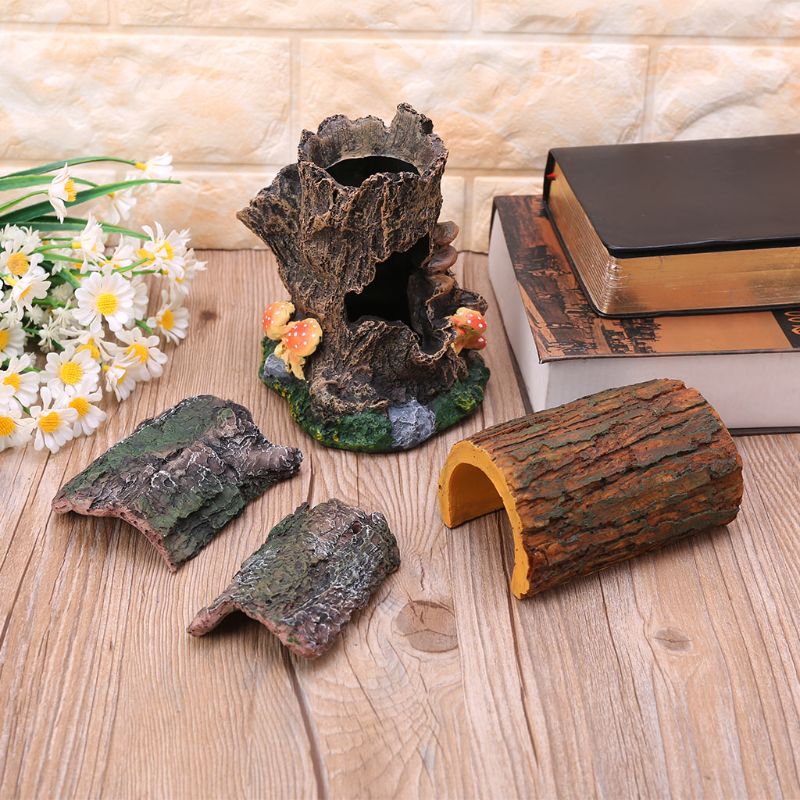 Reptile Vivarium Hiding Case Snake Gecko Dragon Half Log Hide Rock Tree Hole reptile accessories