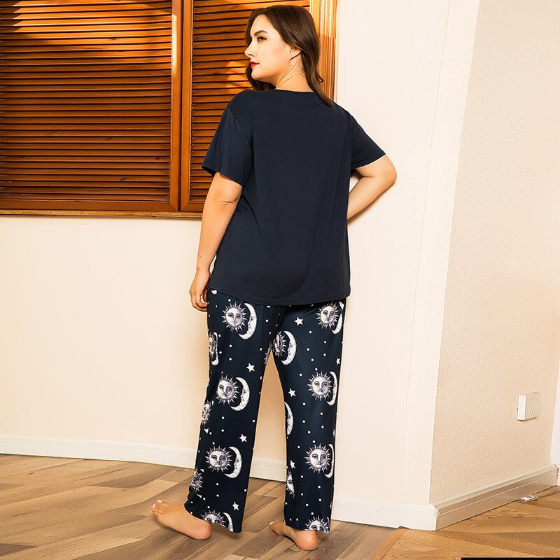 4xl plus tamanho 2 pcs feminino verão agradável pijama define sun moon impressão de manga curta pijamas macios pijamas outono pijamas homewear