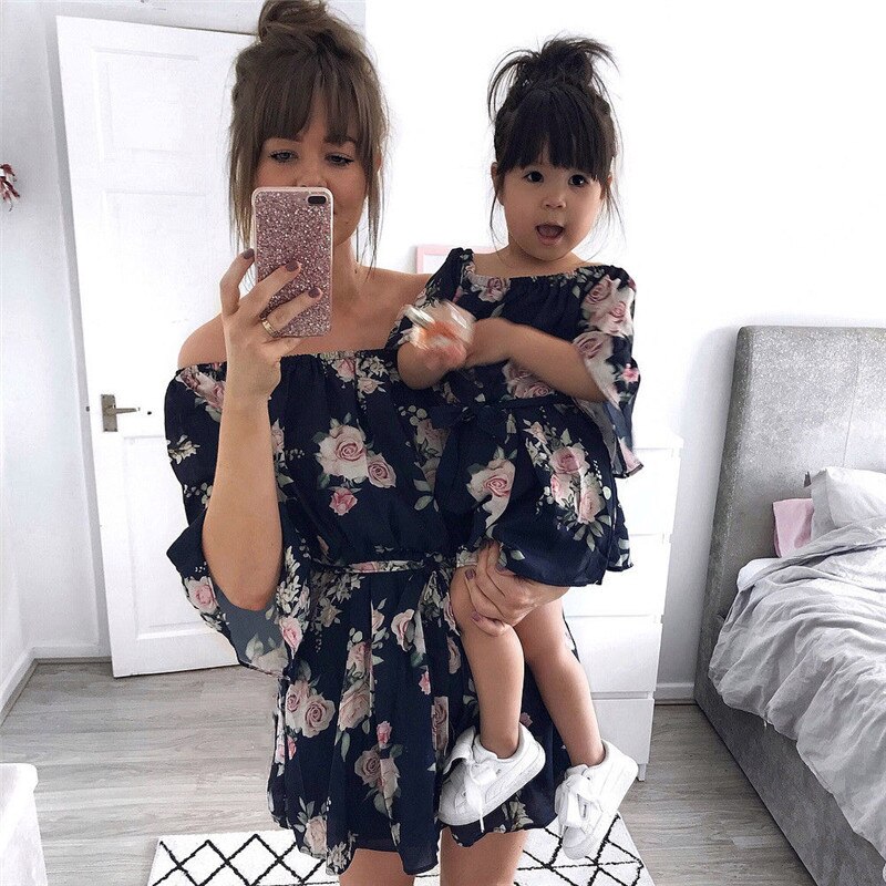 Mor datter kjole familie matchende tøj off skulder blomster kjole sommer pige kvinder boho løse kjoler sundress tøj: Børn 3 to 4 år