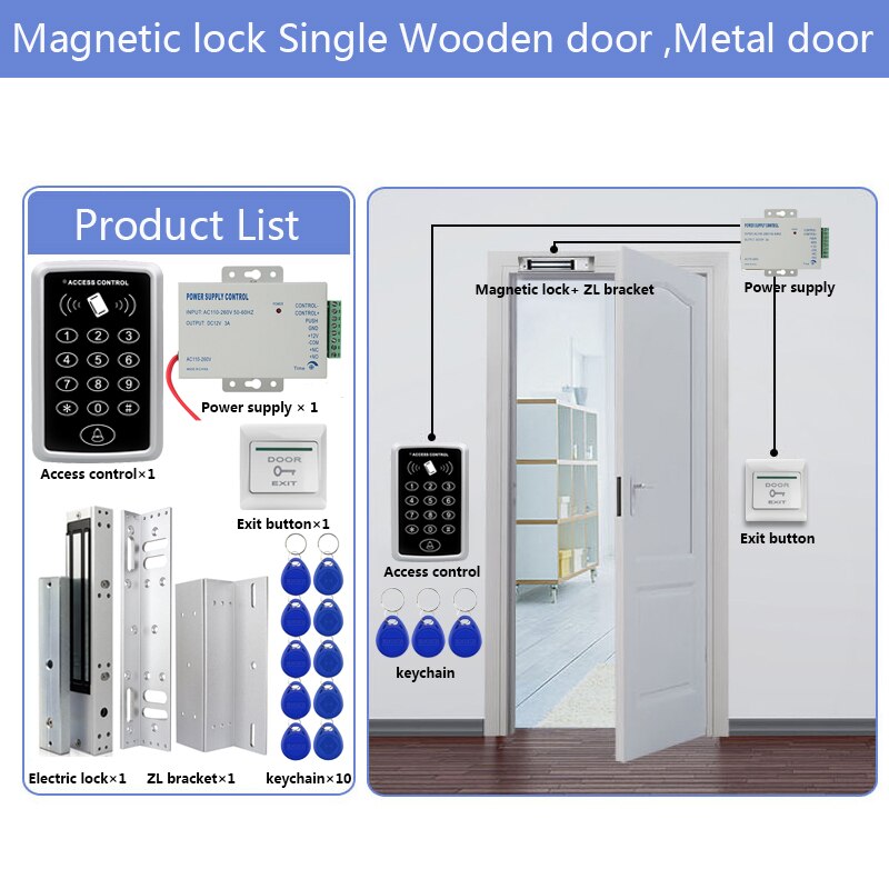 Door Access Control System Kit RFID Access Control Keypad + Power Supply + Electric Magnetic Lock Bolt Strike Locks + 10pcs Keys: Kit9