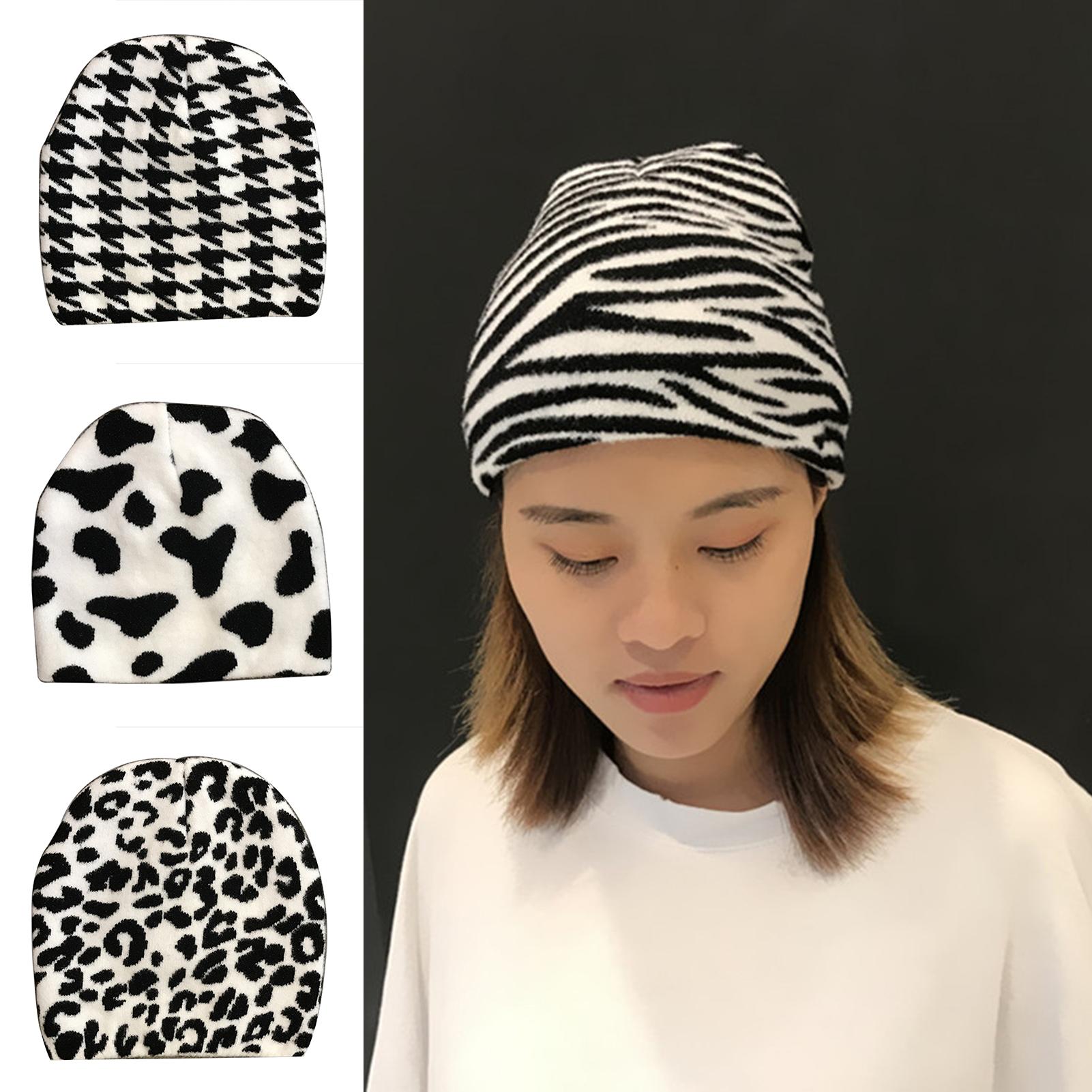 Winter Soft Warm Beanie Hat Zebra Cow Leopard Printed Windproof Cap for Women Outdoor Sports Skiing Climbing Cycling