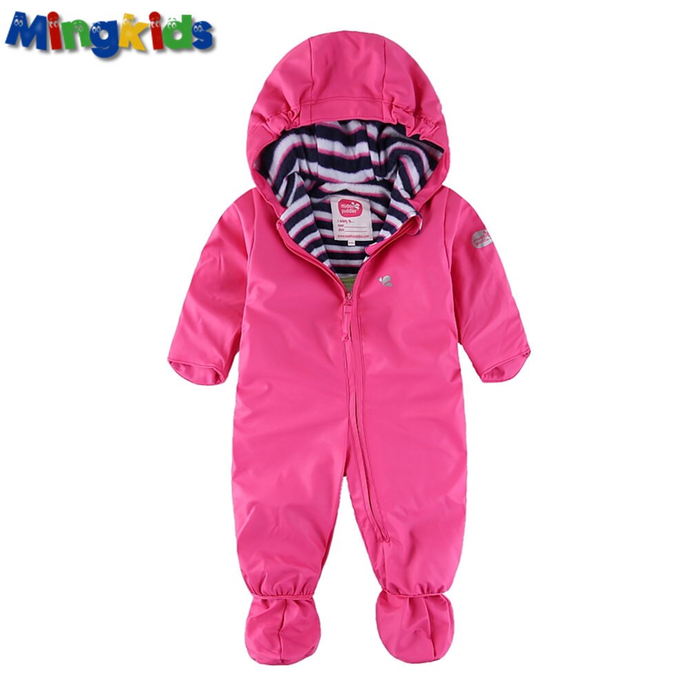 Export Europe 10,000mm waterproof rompers boy gir PU hooded fleece padded Jumpsuit Warm with fleece paded windproof: Pink / 12-18M