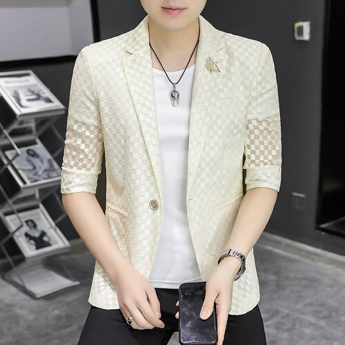 Summer Hollow Out Men Blazers Half Sleeve Slim Casual Suit Jacket Thin Sunscreen Business Street Wear Social Jacket Men Clothing: Beige / XL