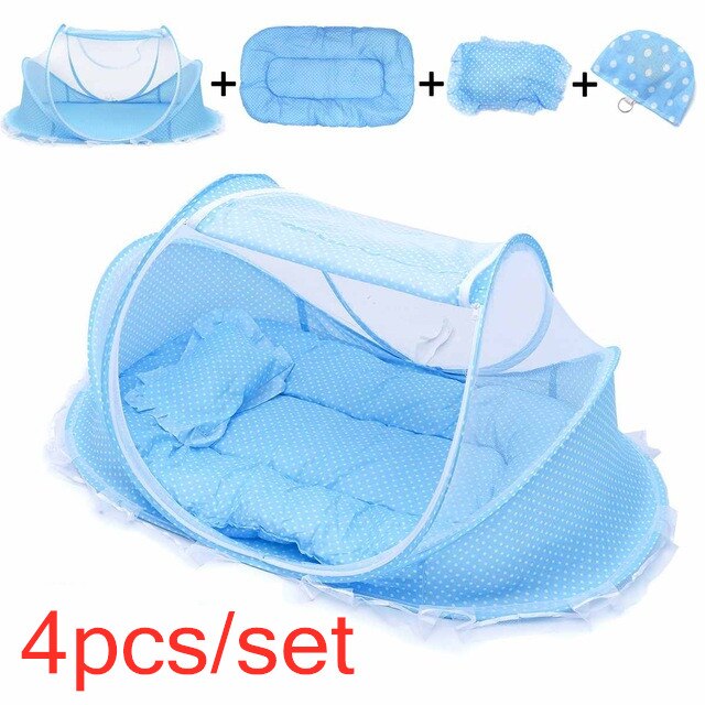 Baby Bettwäsche Krippe Netz Tragbare Faltbare Schlaf Netz Neugeborenen Moskito Zelt freundlicher Bett Zelt Moskito Netz für Baby Krippe: 4Stck einstellen Blau