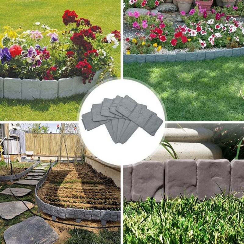 Valla de imitación de piedra para jardín, cerca de plástico PP plegable, empalme, jardín, césped, 10 piezas: Default Title