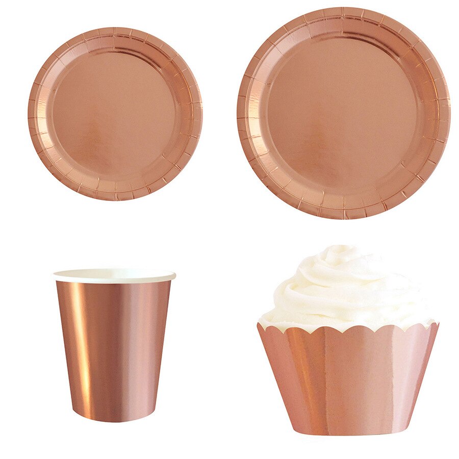 Gold Silber Folie Neue Jahr Party Supplies Einweg Papier Platte Tassen Strohhalme Tasse Kuchen Wrapper Cupcake Stehen Dessert Karton: 32pcs Rose gold set