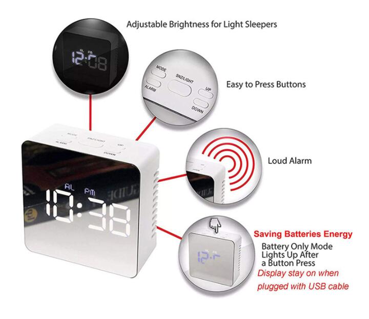 Digital LED Alarm Clock Multifunctional Noiseless LED Mirror Clock Display Electronic Desk Table Clocks