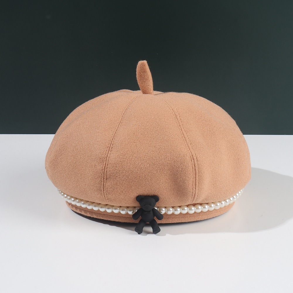 Winter Baret Meisje Mooie Cartoon Beer Parel Schilder Han Editie Kinderen Doek Cap, Mode Hoed: Khaki