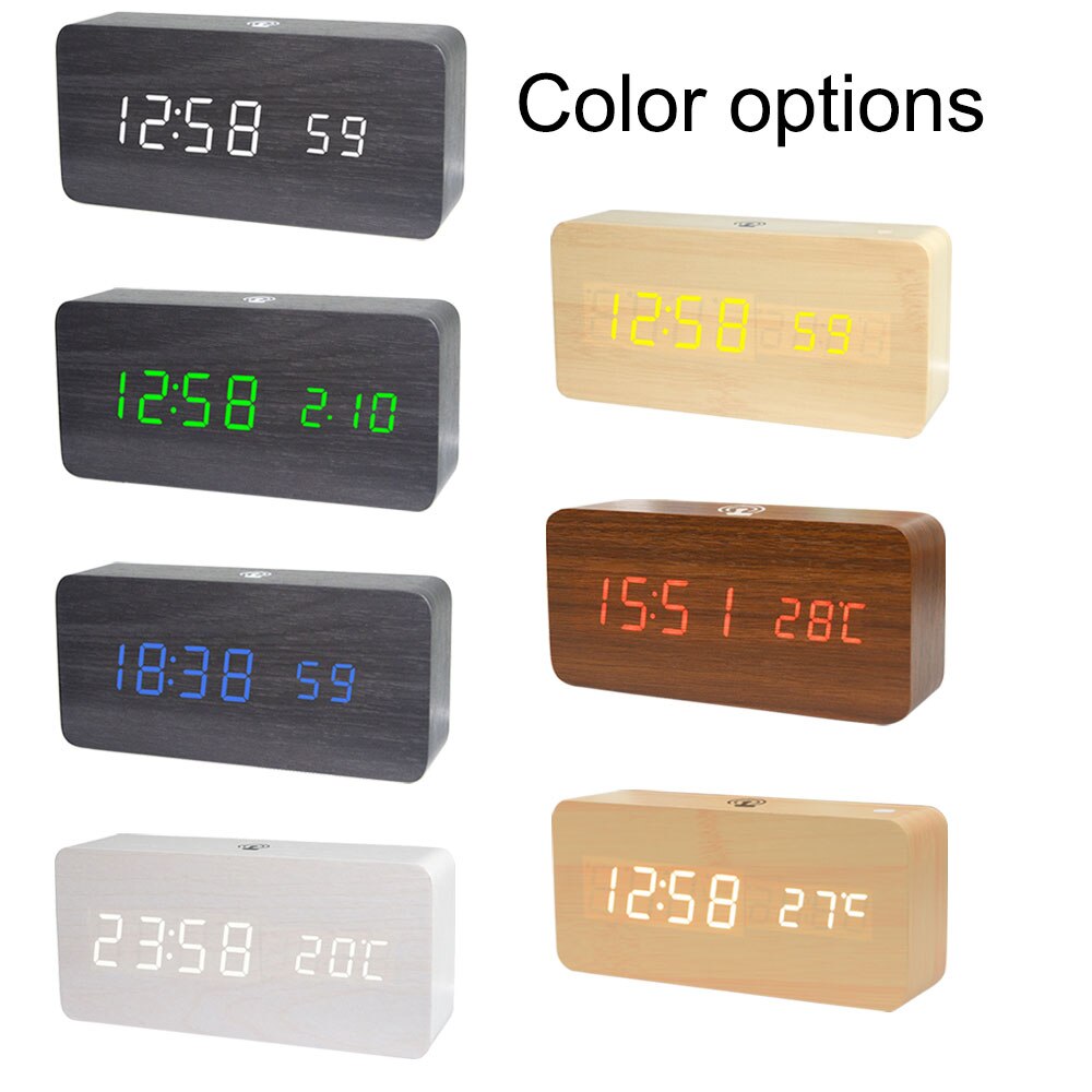 Led digital de madeira despertador app controle tempo temperatura data eletrônico desktop relógio usb bateria brilho controle de som