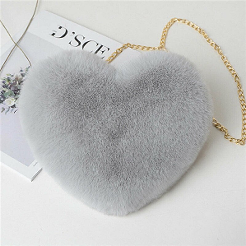 Borsa a forma di cuore da donna borsa a tracolla a catena femminile di moda borsa a tracolla a spalla in peluche amore regalo di san valentino: Grigio