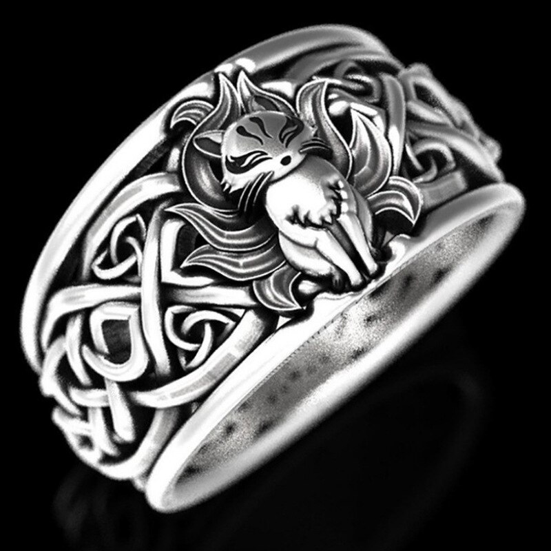 Negen Staarten Vos Oude Mythologie Stijl Ring Oud Zilver Kleur Vintage Ring Mannelijke Verjaardagscadeaus Sieraden Bijoux