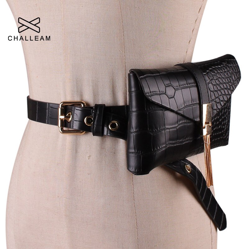 Ladies Black White Fanny Packs Tassel Waist Pack Phone Pocket Leather Belt Bag For Women PU Wild Waist Bags G141