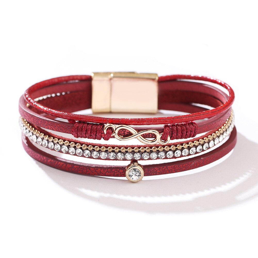 ALLYES Bohemian Infinity Charm bracciali in pelle per donna moda strass bracciale avvolgente bracciale regali gioielli femminili: Red