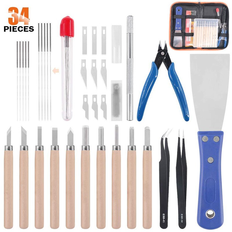 42Pcs/Set 3D Print Tool Kit Includes Tool Cleaning Removal Tool with Storage Bag 3D Printer Tool Set for Cleaning Disassembly: 34 Pieces Kit