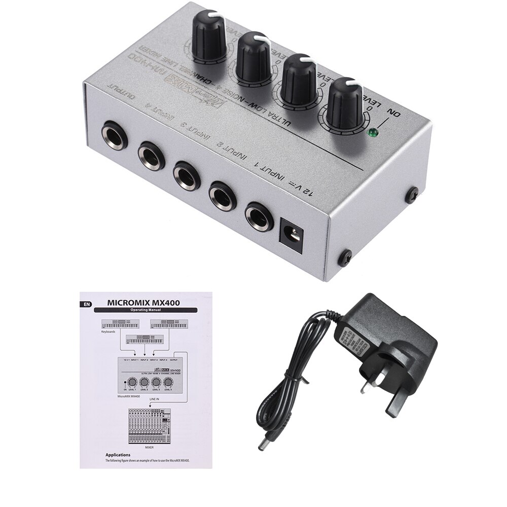 Muslady MX400 Ultra-compact Low Noise 4 Channels Line Mono Audio Mixer Accessories: White UK plg