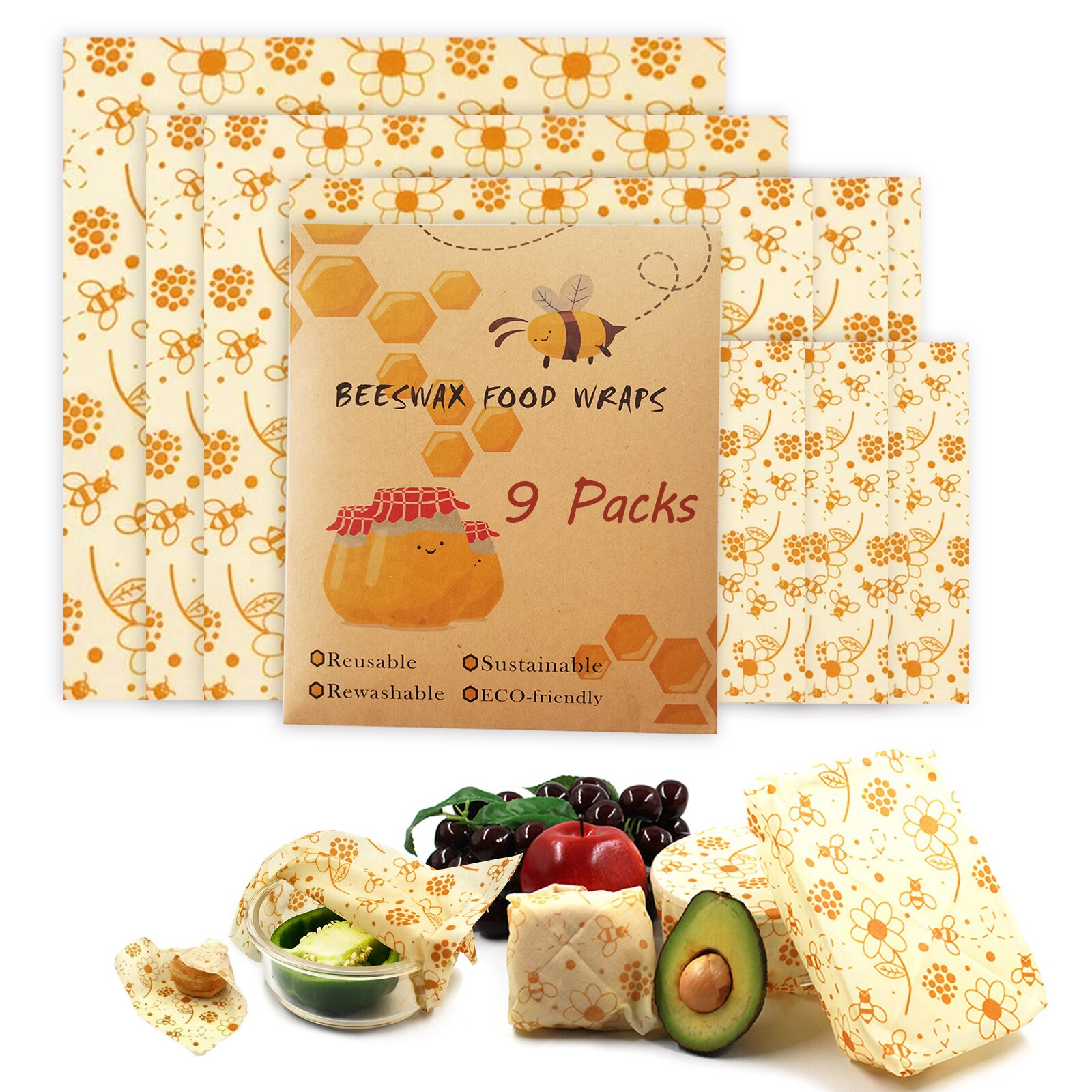 Anjielosmart Reusable Food Wraps Roll custom food wrapping Wrap Eco Friendly Sustainable beeswax wrap for Food Storage: 9pcs bees