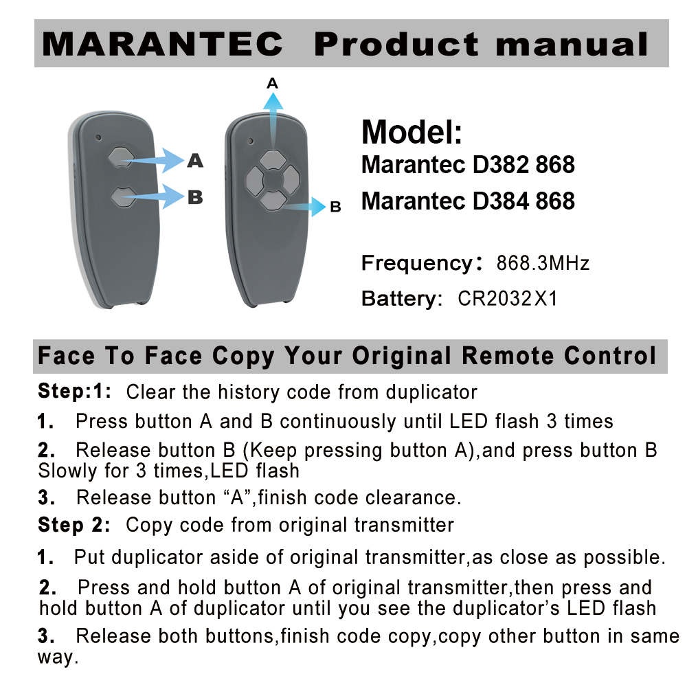 1-10 pièces Marantec 868 MHz télécommande de porte de Garage Compatible D302 D304 D384 D313 D323 D321 commande 131 868.3 transmetteur de contrôleur