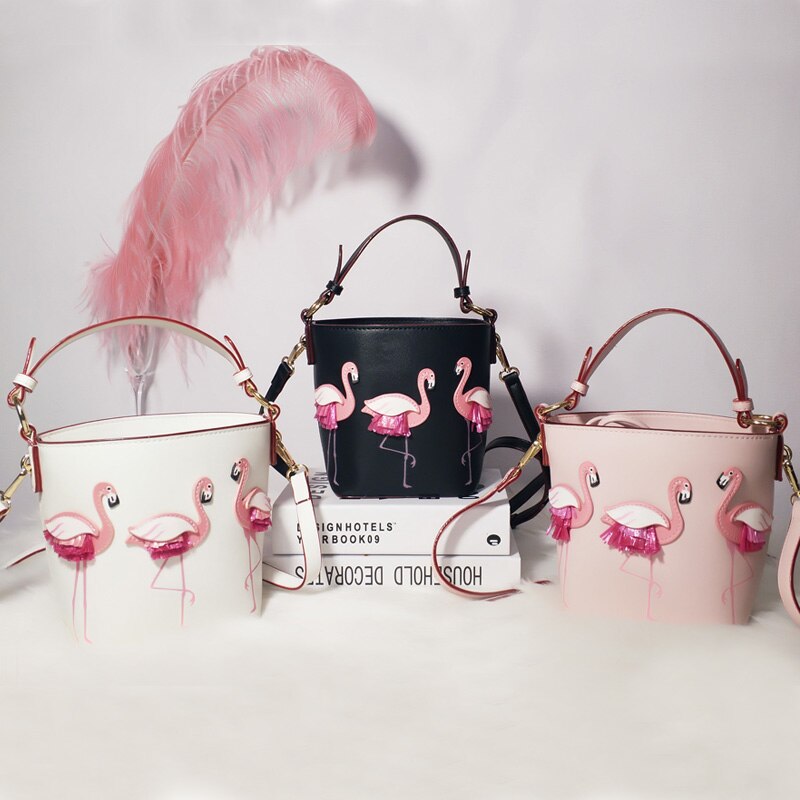 Flamingo bordado design adorável rosa balde saco pequeno couro do plutônio feminino bolsa de ombro bonito menina crossbody saco diário bolsa