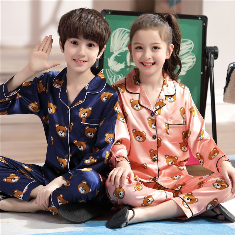 Lapel printed silk long-sleeved pajamas set girls bear cartoon children's home wear toddler boy pajamas pjs for kids: boy / 9T