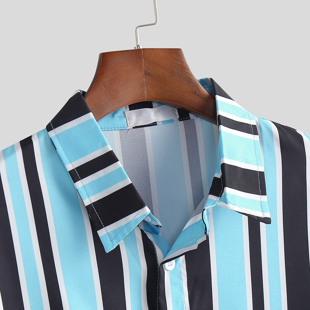 Summer Men Casual Short Sleeve Stripe shirts camisa masculina Vacation travel Short Sleeve Hawaiian Beach button Shirt