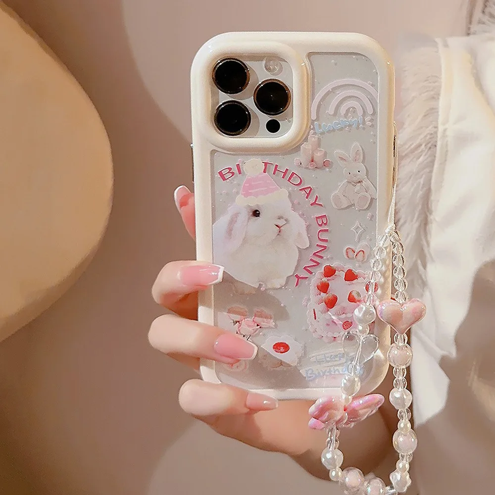 Leuke Hoed Konijn Taart Telefoon Case met Lanyard voor IPhone 16 15 14 12 13 11 Pro Pro Max Plus X XR Schokbestendige telefoon Cover