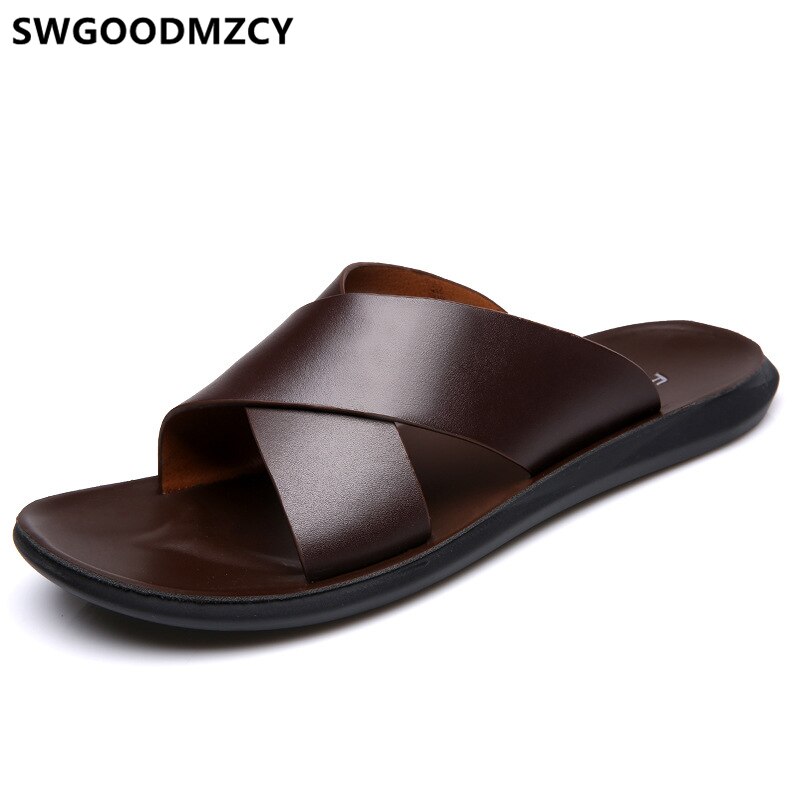 Leather Slippers Men Summer Shoes Mens Slippers Outdoor Beach Slippers Shoes+male Zapatos De Hombre Erkek Ayakkabi Buty Meskie: Auburn / 9.5