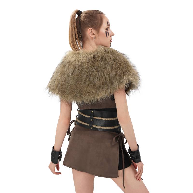 Dazcos viking faux fur scarf and cloak with medieval brooch, fur collar for larp costume accessories
