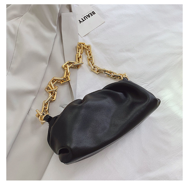 Été épais chaîne ruché sacs à bandoulière pour les femmes doux en cuir PU aisselles femme embrayage filles pochette: BLACK