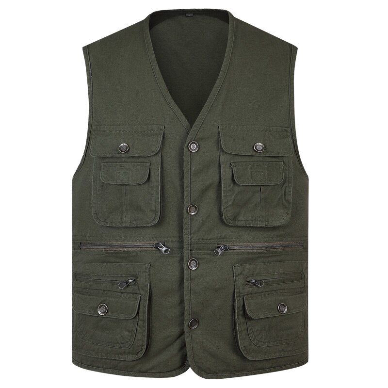 Gilet classique d&#39;été pour hommes, veste sans manches à boutons en coton, 3 couleurs, avec de nombreuses poches, solide, gilet de voyage de grande taille: Light Army Green Ves / XXL