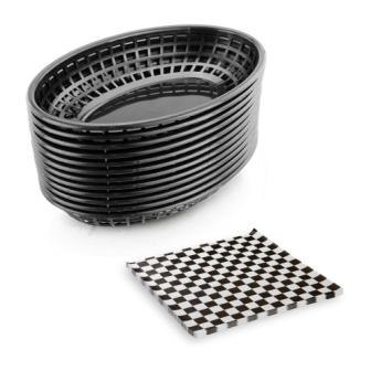 12 st plast oval mat servering korg och 24 st burger omslagspapper pommes frites korg plast picknick tallrik brödpapper: Svart