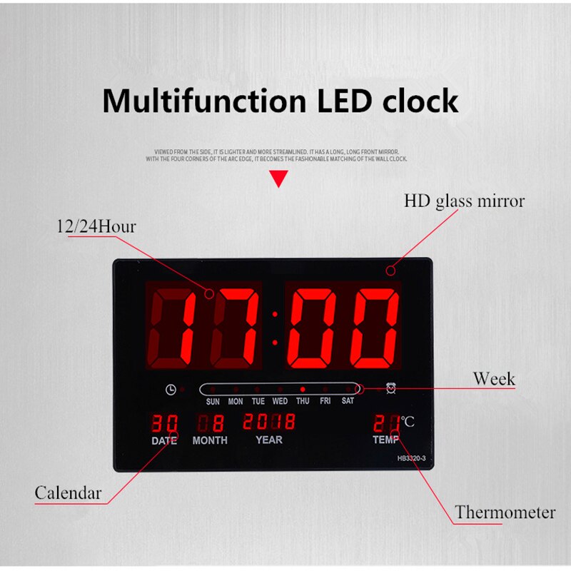 Big number alarm clock Electronic LED calendar hanging clock with week display, Table digital thermometer alarm clock